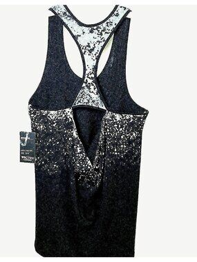 R8 Activewear Women Racer Back Knit Top Sport Shirt M Open Back Black Silver NWT